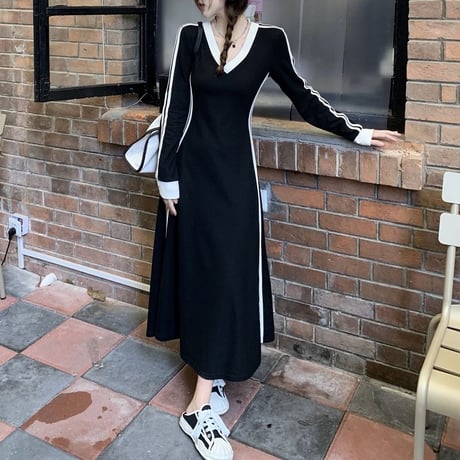 サイドライン ワンピース Vネック ウエストスリム ロングワンピース ハイウエスト 長袖 レトロ 韓国ファッション レディース 大人可愛い ガーリー DTC-681415510381