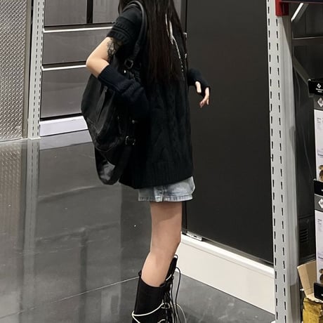 ニットベスト ケーブル編み プレート チェーン オーバーサイズ ビッグサイズ Vネック レトロ 韓国ファッション レディース カジュアル ストリートファッション DTC-679727228161