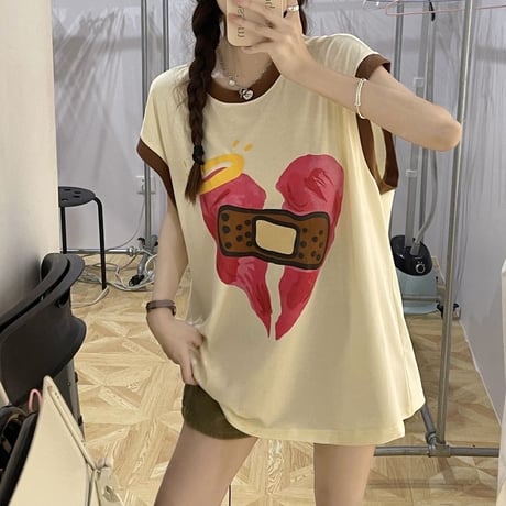 ノースリーブトップス タンクトップ オーバーサイズ ラブバンドエイド 大人可愛い ガーリー カジュアル 韓国ファッション レディース 韓国ストリートファッション DTC-679693131575