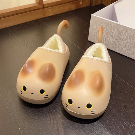 ネコ 尻尾付き スリッパ 23.0～25.0cm インナーボア 猫 ルームシューズ 防寒 EVA もこもこ 軽量 暖かい かわいい 韓国ファッション レディース DTC-740844337006