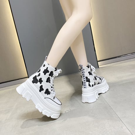 厚底 キャンバススニーカー ハイカット 22.5～24.5cm シューレース サイドファスナー 牛柄 ベーシック カジュアル 大人可愛い ガーリー DTC-650901386927
