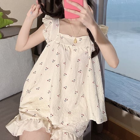 ルームウェア セットアップ 上下セット フリル さくらんぼ柄 スクエアネック ショートパンツ ウエストゴム パジャマ フェミニン 韓国ファッション レディース DTC-675611783070_2