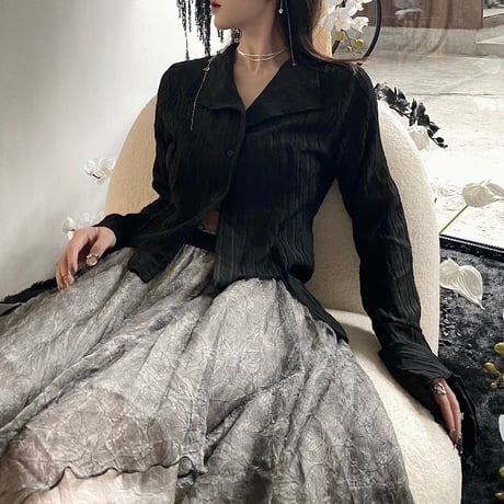 ブラウス 不規則デザイン フレアスリーブ ストライプ柄 スリム シャツ トップス ショート丈 長袖 レトロ 韓国ファッション レディース 大人可愛い ガーリー DTCA-714875873808
