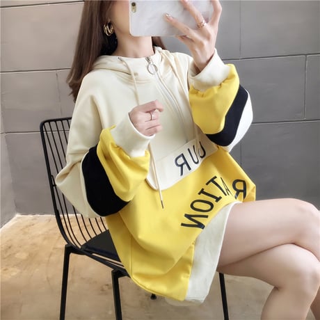 プルオーバー パーカー バイカラー ハーフジップ 韓国ファッション レディース トップス ルーズ カジュアル ストリート系 大人可愛い ガーリー DTC-601854465577