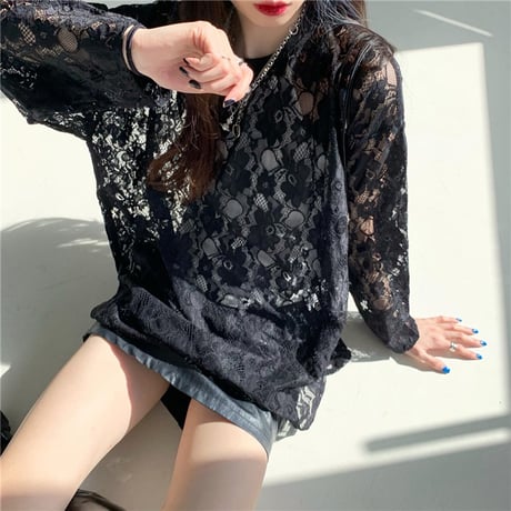 フラワーレース tシャツ 透け感 トップス ホワイト ブラック クルーネック レース ロンT 長袖 レトロ 大人可愛い ガーリー DTCA-865166902200