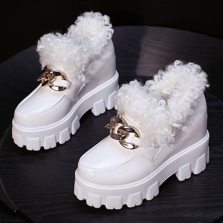 厚底 ファーシューズ 22.0～24.5cm ファーローファー ローファー チェーンデザイン インヒール 歩きやすい 疲れない 大人可愛い ガーリー DTC-659154706888