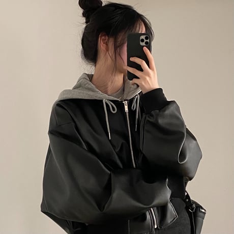 PU フード付き レザーブルゾン フェイクレザー ジップアップ アウター ブルゾン ジャンパー PUレザー オーバーサイズ ゆったり レトロ カジュアル DTCA-848636566389