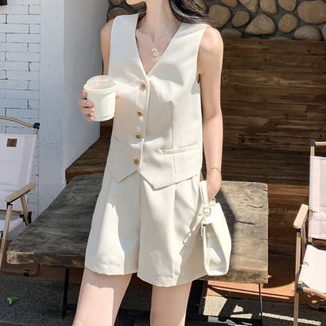 セットアップ 上下セット ベスト ショートパンツ タック入り Vネック ノースリーブ ハイウエスト レトロ 韓国ファッション レディース 大人可愛い ガーリー DTC-803889948127