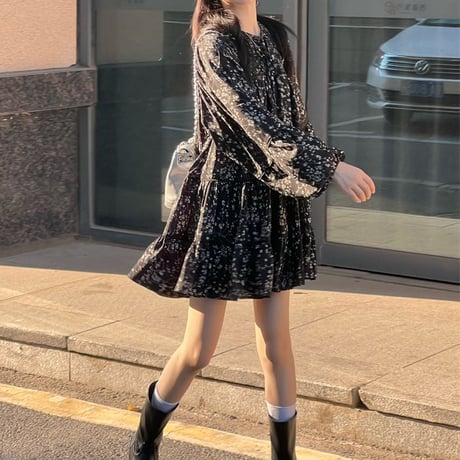 花柄 ワンピース ランタンスリーブ フリル ミニワンピース ゆったりウエスト Aライン ルーズ 長袖 レトロ 韓国ファッション レディース 大人可愛い ガーリー DTC-734739190315
