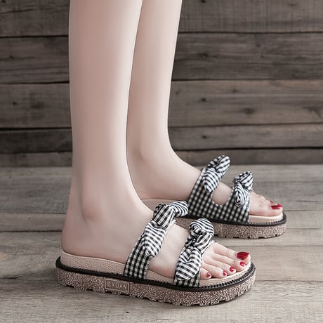 チェック柄 リボン サンダル 22.5～25.0cm ダブルベルト フラット 厚底サンダル 歩きやすい かわいい フェミニン DTC-588162485550