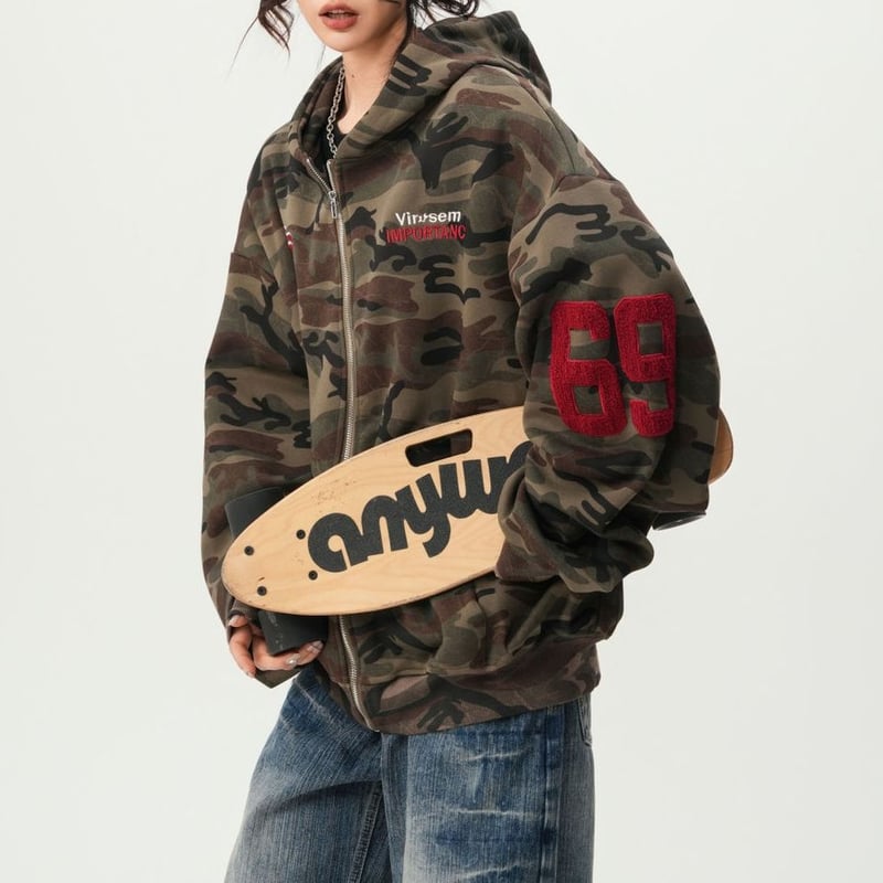 迷彩柄 ジップアップ パーカー トップス カモフラ柄 フード付き