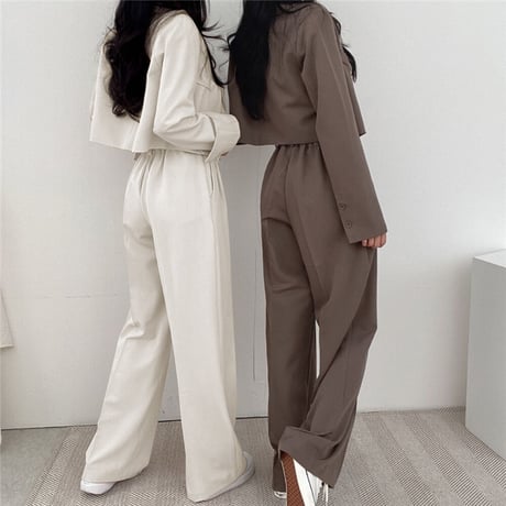 セットアップ 2点セット ショートジャケット ワイドパンツ ショート丈 テーラードジャケット タックパンツ パンツスーツ 長袖 レトロ 大人可愛い DTCA-740940979194