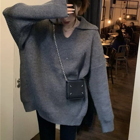 襟付き Vネック ニットトップス ニット セーター プルオーバー 開襟 トップス ルーズ レトロ 韓国ファッション レディース 大人可愛い ガーリー カジュアル DTC-691259080731