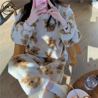 ルームウェア パジャマ セットアップ 総柄 クマ ベアー もこもこ ボア 上下セット 部屋着 寝間着 大人可愛い ガーリー DTC-657813692170