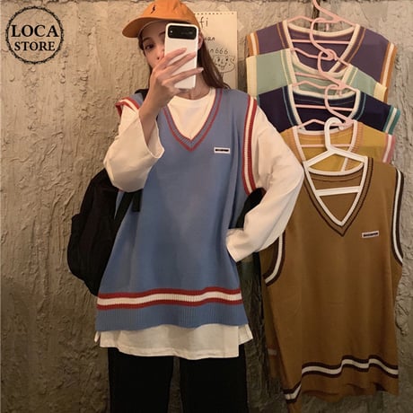 【選べる6カラー】 ニットベスト Vネック 韓国ファッション レディース ラインベスト トップス ニット ライン入り トラッド ゆるかわ 春 秋 冬 韓国 (DTC-600984449922)