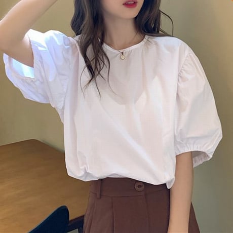 ブラウス Tシャツ トップス パフスリーブ クルーネック ルーズ シンプル 半袖 レトロ 韓国ファッション レディース 大人可愛い ガーリー カジュアル DTC-666925559894