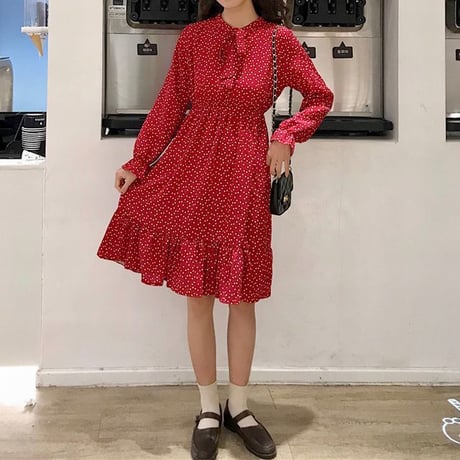 レディース 長袖ワンピース ミモレ丈 ドット柄 ワンピース フレア リボン 韓国ファッション オルチャン (DCT-587243195150)