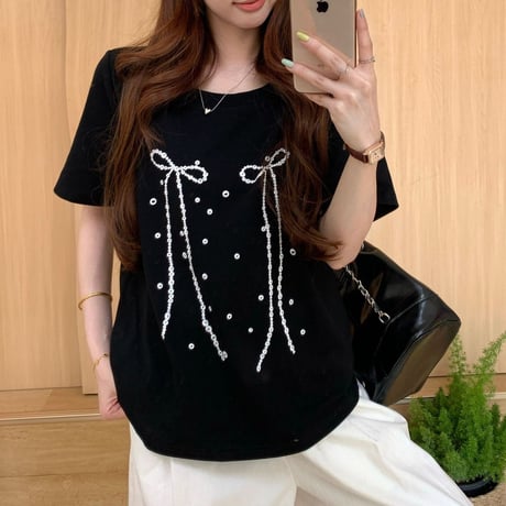 リボンプリント Tシャツ オーバーサイズ トップス ルーズ ゆったり 半袖 レトロ  大人可愛い ガーリー カジュアル フェミニン DTCA-780996917013