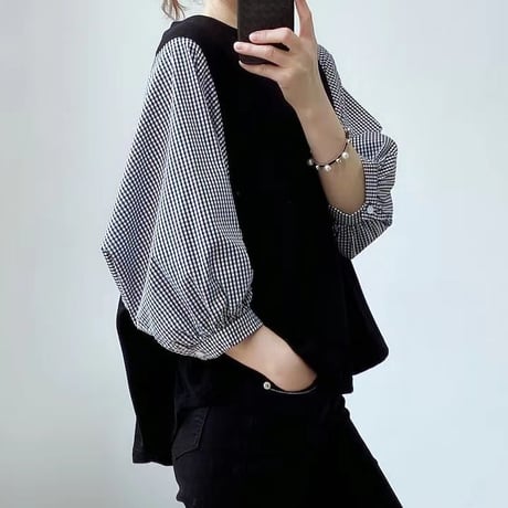 ドッキングブラウス 5分袖 トップス バルーン袖 チェック柄 無地 フェイクレイヤード Tシャツ レトロ 韓国ファッション レディース 大人可愛い ガーリー DTC-708136202207