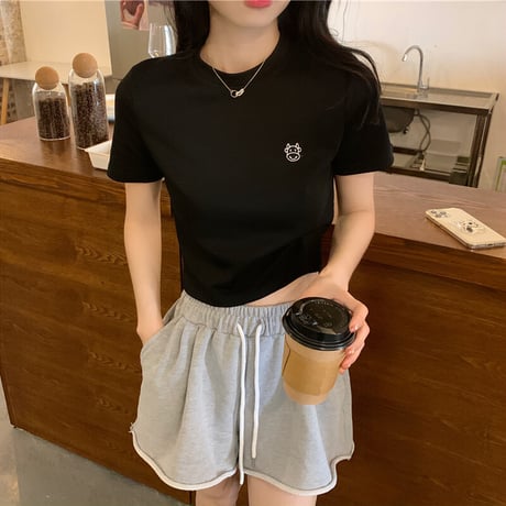 クロップド丈 Tシャツ 牛 プリント へそ出し 半袖 ラウンドネック 夏 韓国ファッション レディース ショート丈 トップス  カットソー 大人可愛い ガーリー DTC-640183810198