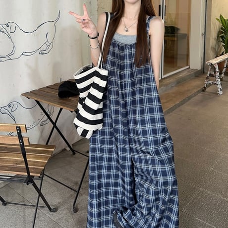 サロペットパンツ チェック柄 オーバーオール オールインワン ジャンプスーツ 体型カバー ルーズ レトロ 韓国ファッション レディース 大人可愛い ガーリー DTC-809419287895