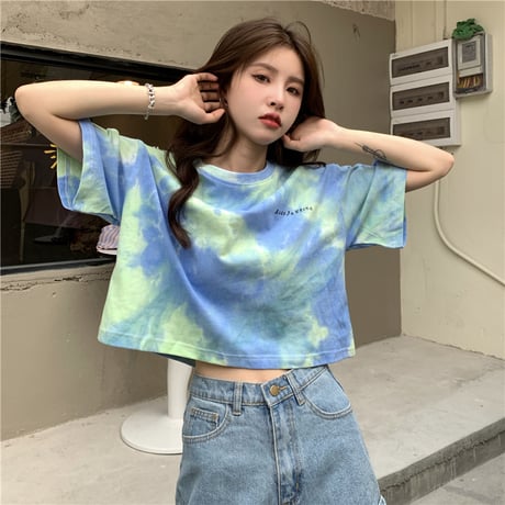 【3カラー】  Tシャツ タイダイ柄 半袖 クロップド丈 ショート丈 へそ出し 絞り染め カジュアル 韓国ファッション レディース 韓国ストリートファッション DTC-646013907781