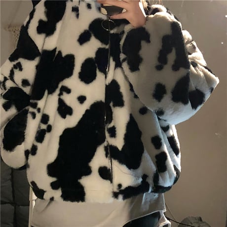 牛柄 フード付き ボアジャケット アウター ジップアップ ルーズ ボアパーカー もこもこ ゆったり ボア レトロ 韓国ファッション レディース 大人可愛い ガーリー DTC-656838465848