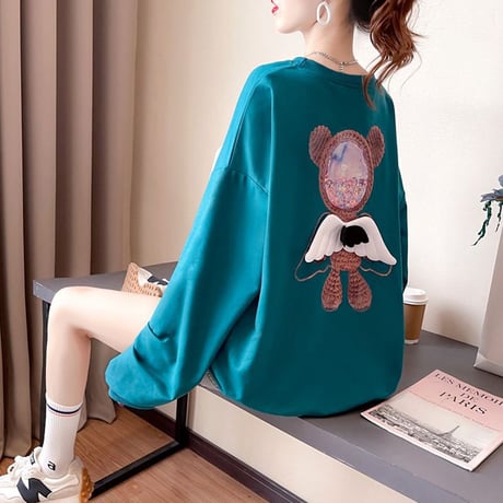 トレーナー 羽 エンジェルくまちゃん 薄手 シンプル ルーズ 韓国ファッション レディース トップス 大きめ ガーリー カジュアル ストリートファッション DTC-651472313621