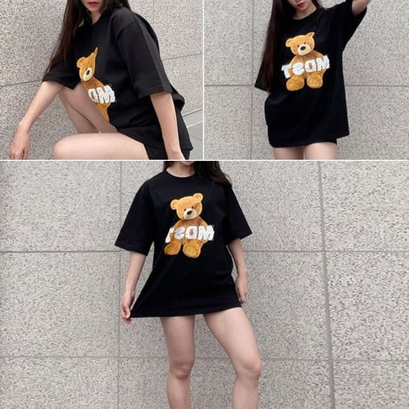 ユニセックス Tシャツ 半袖 クマちゃん プリント オーバーサイズ ルーズ カジュアル 韓国ファッション メンズ レディース 韓国ストリートファッション DTC-650089099191