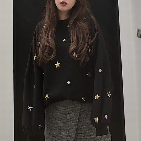 スウェット トレーナー キラキラ 韓国ファッション レディース 星 スター スパンコール 春 秋 冬 プルオーバー 大きいサイズ ボリューム袖 韓国 (DTC-574247927388)