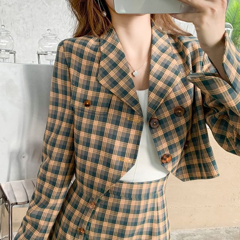 セットアップ チェック柄 ショートジャケット フィッシュテール セットアップ チェック柄 ショートジャケット フィッシュテール