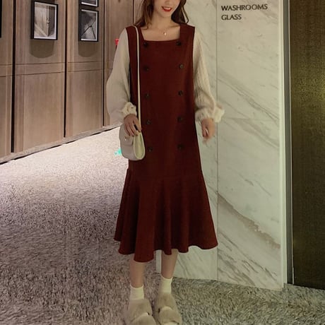 フェイクレイヤード ジャンパースカート 韓国ファッション レディース ハイウエスト パフ袖 ロングスカート 重ね着風 長袖 DTC-609838966122