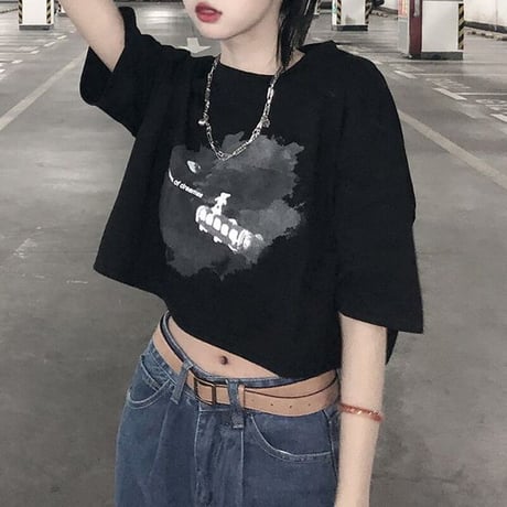 Tシャツ クロップド丈 半袖 フロントプリント トップス ショート丈 クルーネック レトロ 韓国ファッション レディース 大人可愛い ガーリー カジュアル DTC-647653058151