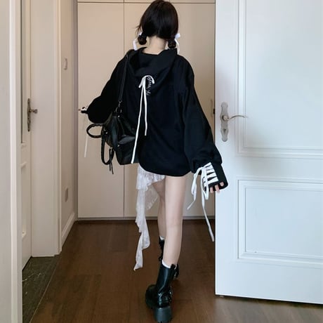 パーカー プルオーバー リボンフード 袖リボン トップス フード付き スウェット ルーズ 長袖 レトロ 韓国ファッション レディース 大人可愛い ガーリー フェミニン DTC-821635621981