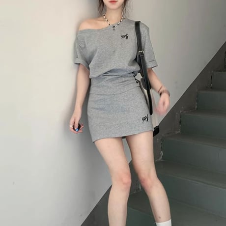セットアップ 上下セット スウェット オフショルダー tシャツ トップス ミニスカート ハイウエスト オフショル レトロ 大人可愛い ガーリー カジュアル DTCA-924094932830
