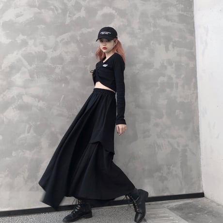 ロングスカート 不規則デザイン 韓国ファッション レディース スカート ロング丈 アシンメトリー Aライン ハイウエスト ブラック 大人可愛い ガーリー DTC-614521338995