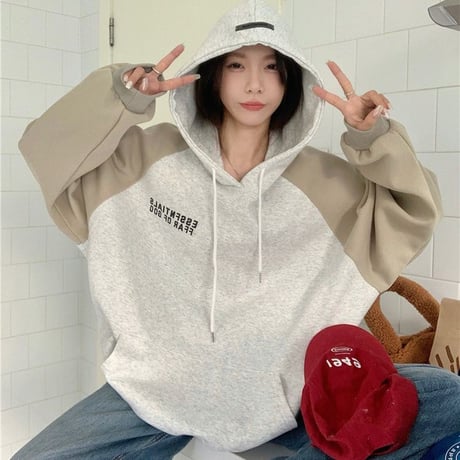 バイカラー パーカー ライトグレー プルオーバー オーバーサイズ ビッグシルエット レトロ 韓国ファッション レディース カジュアル 韓国ストリートファッション DTC-684860027672_lg