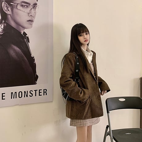 コーデュロイ テーラードジャケット ルーズ シングルブレスト 韓国ファッション レディース 長袖 大人可愛い ガーリー DTC-632327247917