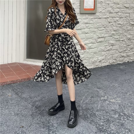 花柄 ワンピース 不規則デザイン 羽織 薄手 シフォン ハイウエスト 半袖 韓国ファッション レディース 大人可愛い ガーリー フェミニン DTC-640056883285