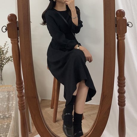 レディース バックリボンワンピース 膝丈 ウエストマーク ハイウエスト 長袖 ロングワンピース 韓国ファッション オルチャン (DCT-579433166085)