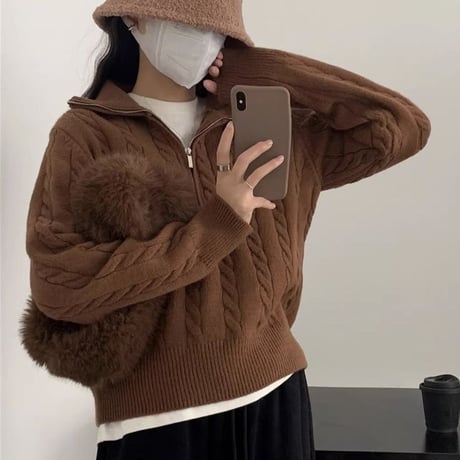 ニット セーター ハーフジップ ケーブル編み プルオーバー ハイネック トップス ルーズ レトロ 韓国ファッション レディース 大人可愛い ガーリー カジュアル DTCA-734231787441