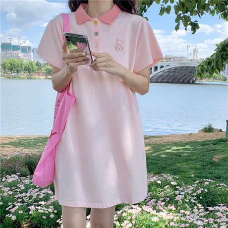 ポロワンピース カラフルボタン 半袖 薄手 ポロシャツ ワンピース 大人カジュアル ガーリー フェミニン DTC-644534604673