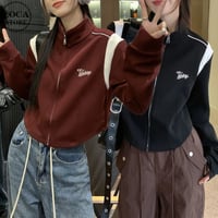 トラックジャケット スタンドカラー ジップアップ ロゴ ショート丈 カラーブロック ジャージ ショルダー切り替え トップス ライトアウター 長袖 レトロ カジュアル DTCA-872794491840