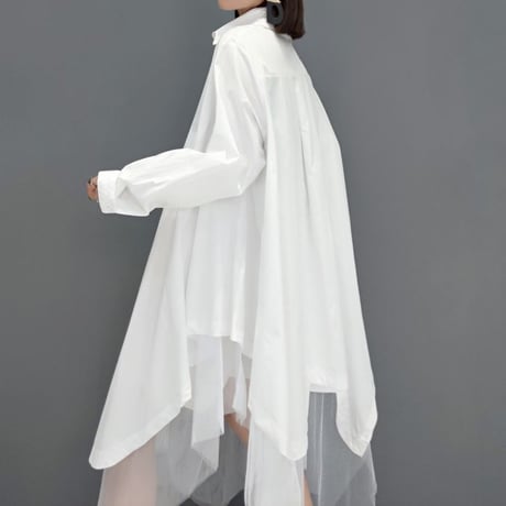 ロングシャツ シャツワンピース チュール シャツ ワンピース アシンメトリー ルーズ 長袖 レトロ 韓国ファッション レディース 大人可愛い ガーリー DTC-653970172988