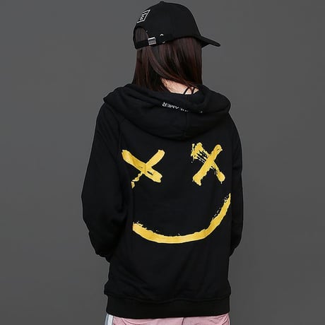 ユニセックス メンズ レディース パーカー セパレート スマイル バイカラー フード付き スウェット ストリート系 春 秋 冬 韓国ファッション (DCT-576710383674)