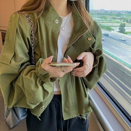 ミリタリー風 ブルゾン ジャンパー 裾ダメージ ショート丈 ルーズ ミリタリージャケット 韓国ファッション レディース カジュアル 韓国ストリートファッション DTC-681922934598