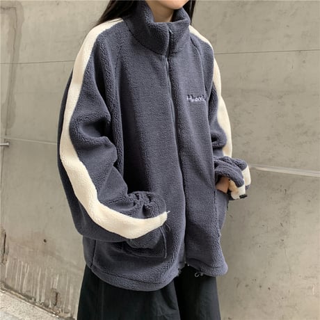 ボアブルゾン アウター 韓国ファッション レディース フリース もこもこ あったか フロントジッパー ファスナー 長袖 ゆったり シンプル レトロ ガーリー (DTC-604853811164)