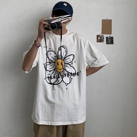 ユニセックス 半袖 Tシャツ メンズ レディース 落書き風 英字 フラワープリント オーバーサイズ 大きいサイズ ルーズ ストリート TBN-613570312634