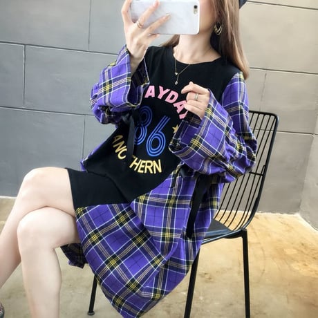 フェイクレイヤード ドッキング ワンピース チュニック チェック×Tシャツ 長袖 韓国ファッション レディース ラウンドネック ランタンスリーブ (DTC-604223705546)