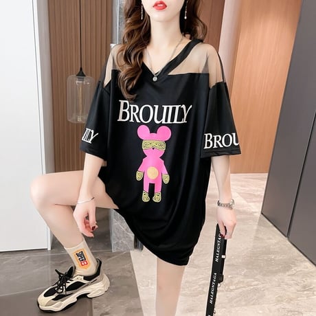 シアー Tシャツ 切り替え シースルー Vネック オーバーサイズ ゆったり 半袖 レトロ 韓国ファッション レディース 大人可愛い ガーリー カジュアル DTC-649581818312